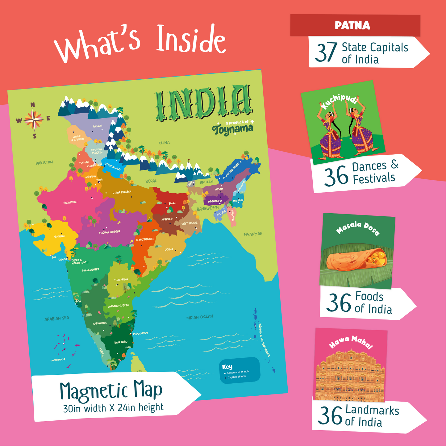 Toynama Interactive Magnetic India Map with 144 Thumbnails, Educational App, Wall Fasteners, Gift for Kids & Adults