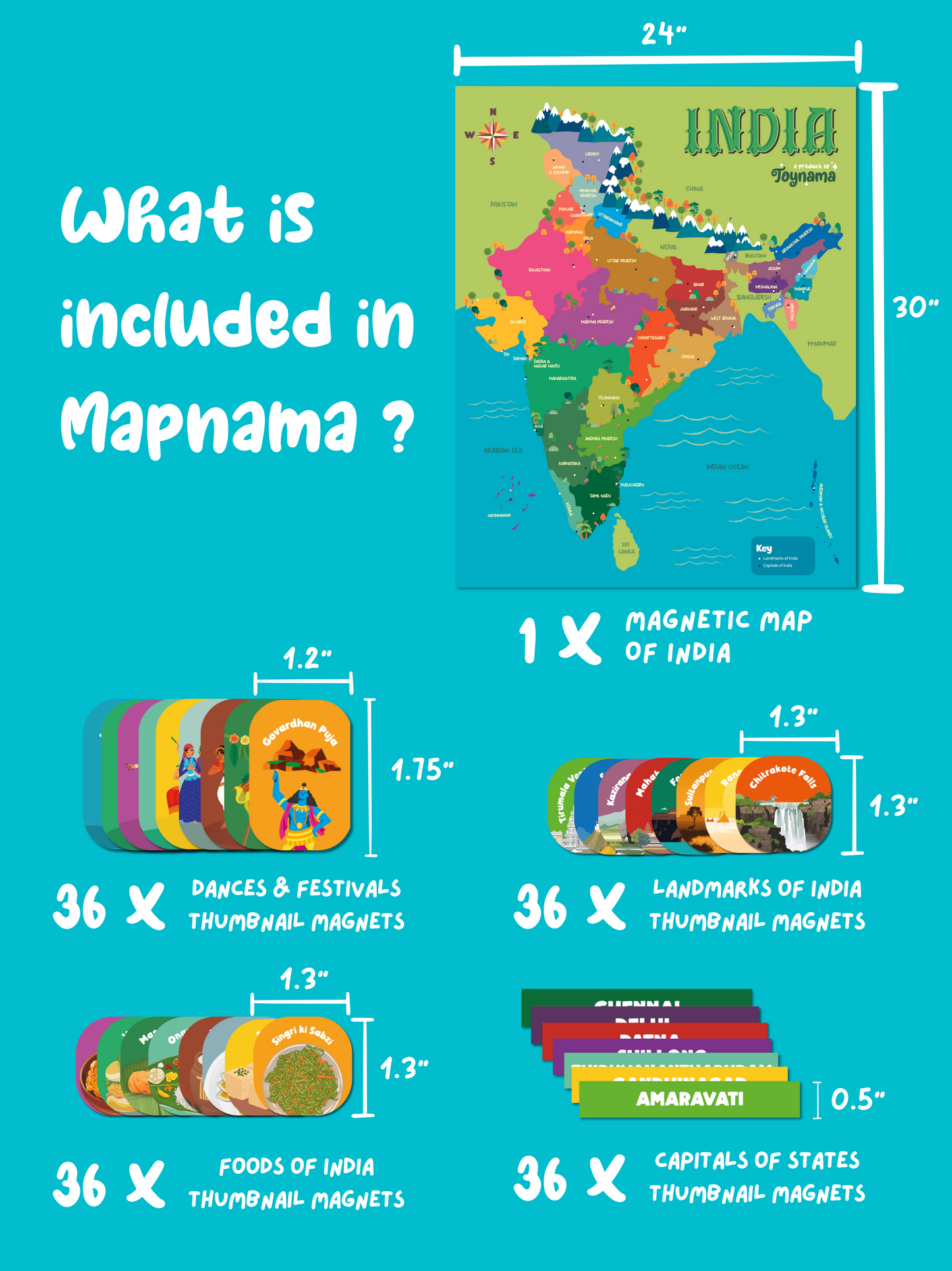 Toynama Interactive India Map for Kids - Wall Mountable Map with Capitals, Landmarks, Foods, Dances and Festivals Magnetic Tiles Ages 5 and Up