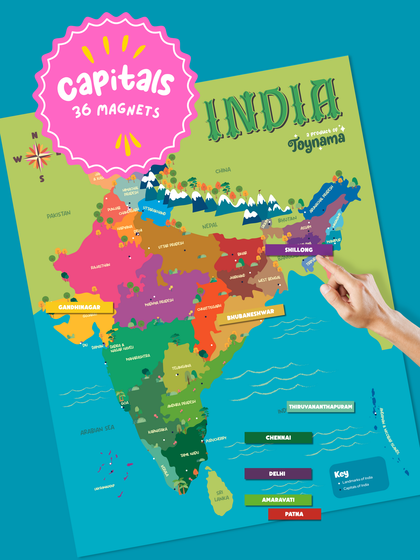 Toynama Interactive India Map for Kids - Wall Mountable Map with Capitals, Landmarks and Foods Magnetic Tiles Ages 5 and Up