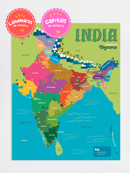 Toynama Interactive India Map for Kids - Wall Mountable Map with Capitals and Landmarks Magnetic Tiles Ages 5 and Up